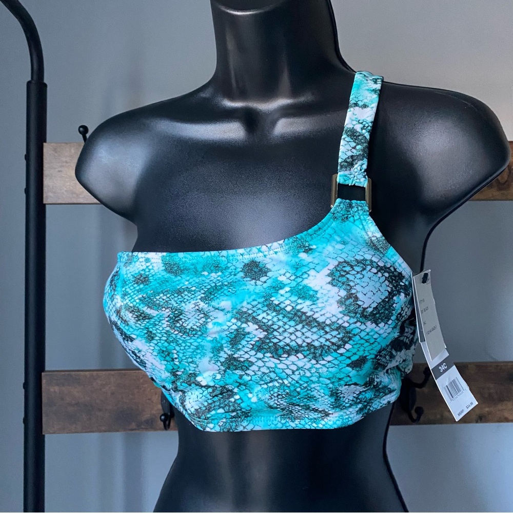 Sundazed Women's Snake-Print One Shoulder Bikini Top in turquoise snakeskin 34C